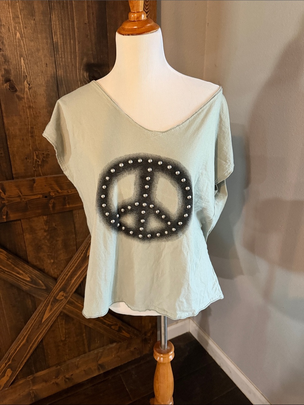 Studded Peace Sign V-Neck Women's Top - Light Sage. FUN SHIRT !